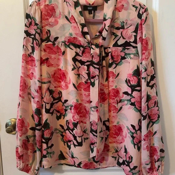 NWOT Dkny Floral-Print Tie-Neck Blouse - Picture 3 of 5